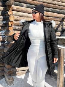 SHEIN EZwear Quilted Thick Winter Coat With Fur Collar, Figure-Flattering And Warm, Suitable For Winter