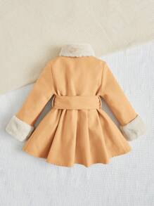 SHEIN Young Girl's Reversible Mix Fluffy Collar And Belt Jacket - Khaki - View 2