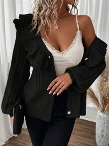 SHEIN Privé Áo khoác cardigan dài tay đơn hàng khuy đơn giản viền bèo nhún màu trơn cho nữ, mùa thu/đông - màu đen - Xem 5
