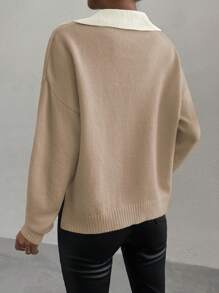 Chiquease 1 件女式纯色撞色袖简约针织套头衫，休闲日常穿着