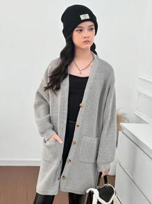 Tween Girl 休闲文字标语 BONSTON 印花宽松落肩泡泡袖后背印花口袋针织开衫，适合秋冬休闲搭配 - 淺灰色 - 查看 4