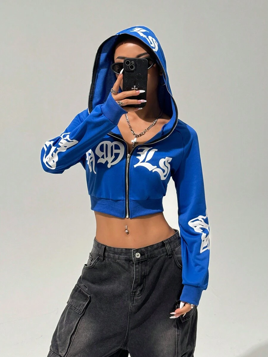 StreetHx Áo hoodie ngắn tay có khóa kéo họa tiết Gothic dành cho nữ, phong cách đường phố, mùa thu - Màu xanh lam - Xem 1