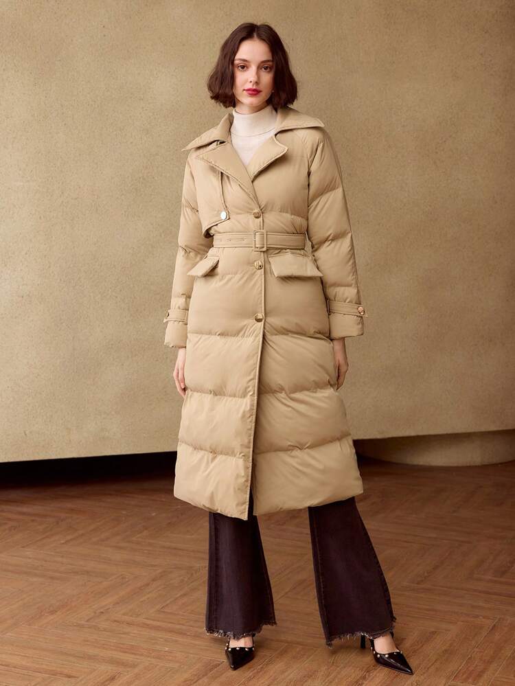 LAPEL COLLAR BUCKLE BELTED LONGLINE PADDED COAT