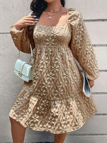 SHEIN Frenchy 大码秋季提花纱布方领娃娃裙褶皱连衣裙 - 卡其色 - 查看 3