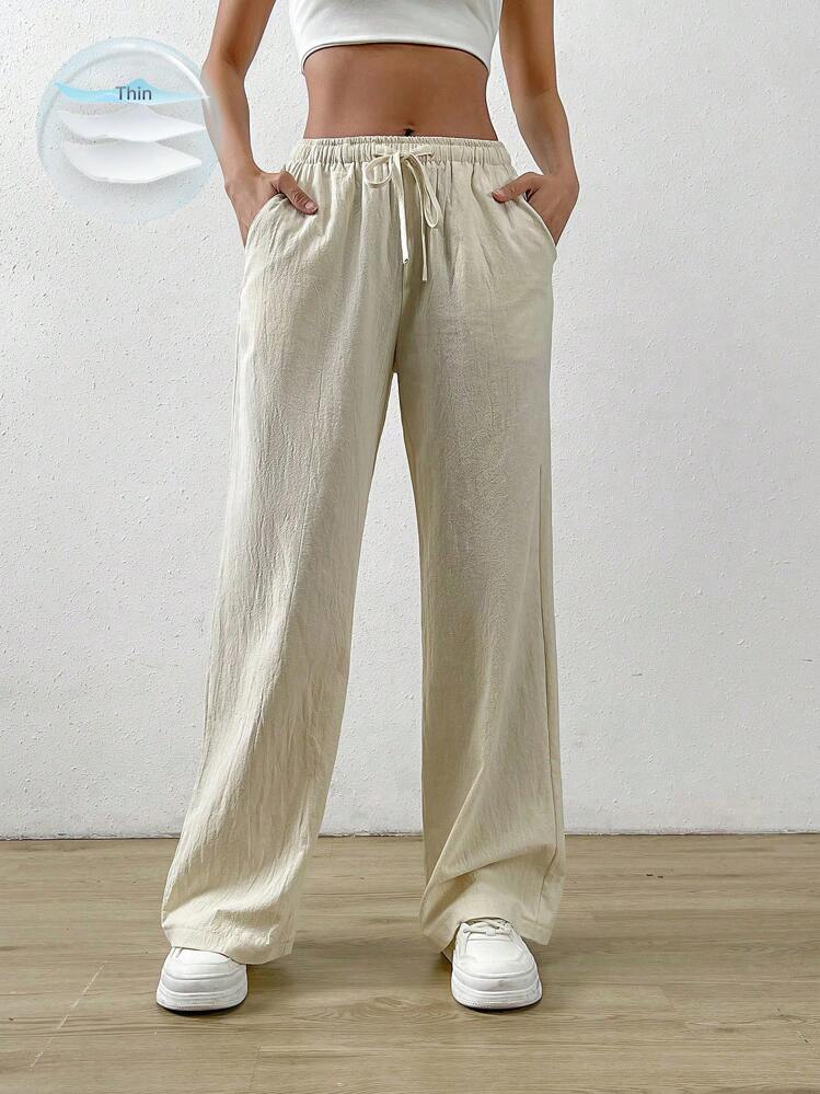 SHEIN EZwear Apricot Loose Straight Drawstring Waist Slant Pocket Pants Baggy - Apricot - View 1