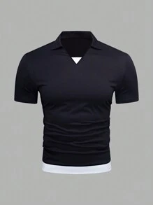 Manfinity Homme 男士纯色拼布短袖休闲 Polo 衫 - 黑與白 - 查看 1