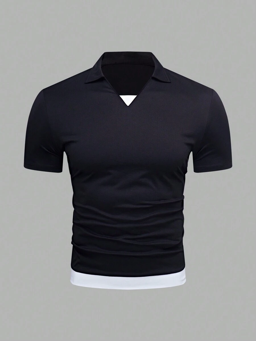 Manfinity Homme 男士纯色拼布短袖休闲 Polo 衫 - 黑與白 - 查看 1