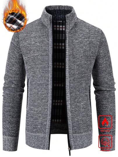 Manfinity Mode Men's Plus Size Zipper Front Cardigan Sweater Going Out Plain Chunky Cardigan Casual Light Grey Cardigan, For Husband, Boyfriend Gifts, For Fall Winter, Long Sleeve Top