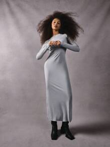 Athîral Women Solid Color Long Sleeve Minimalist Fitted Rib Casual Dress Light Grey Fall/Winter - Grey - View 5