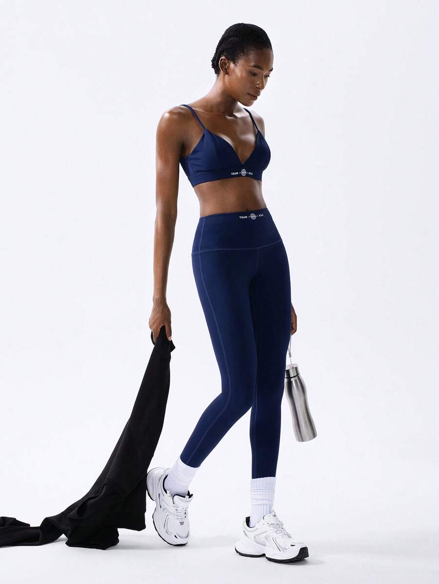 VARSITIE 2 件女式字母印花短款运动胸罩和高腰紧身裤运动套装，日常健身服 - 藏蓝色 - 查看 1