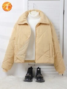 少女宽松菱形图案绗缝棉衣，适合冬季休闲户外穿着 - 卡其色 - 查看 1