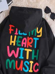 Manfinity VCAY بلوزة هودي كتف منسدل مطبوعة بالحروف مبرزة، بلوزة هودي طويلة الأكمام للخروج باللون الأسود، هدايا للأصدقاء والزوج والحبيب، مناسبة للخريف والشتاء