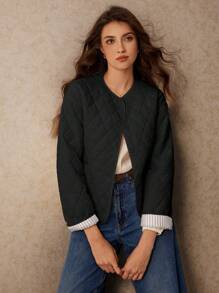 Poéselle Manteau court rembourré à manches longues et col pour femmes, de couleur unie, pour l'hiver