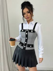 Chiquease Fashionable Fitted Crop Color Block Camisole Top, To Be Worn Outerwear Graphic Tees Women Tops - Black - View 3