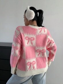 Flirla 大码休闲蝴蝶结图案落肩毛衣，适合秋冬季针织套头衫 - 彩色 - 查看 2