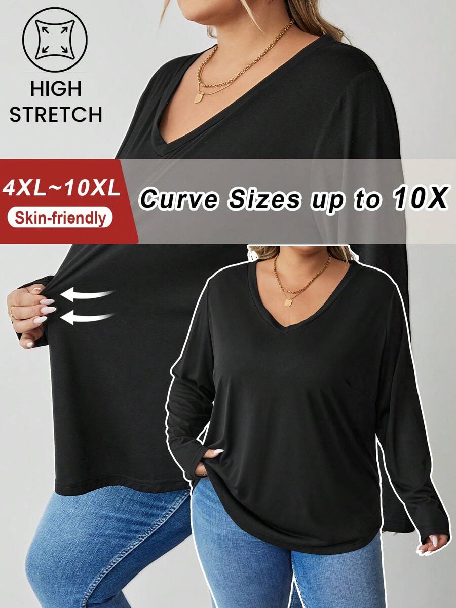 SHEIN CURVE+ Áo phông đen hở vai dài tay rộng rãi thoải mái cho mùa thu đông cỡ lớn dành cho nữ, Áo phông cỡ lớn cho nữ, Trang phục, Trang phục mùa thu, Áo bất đối xứng, Áo nữ, Áo có tay, Quần áo mùa thu, Áo dễ thương, Áo cong, Áo rộng thùng thình - màu đen - Xem 1