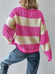 EURMUSE Jersey con patrón de rayas de hombros caídos - Rosa coral - Ver 2