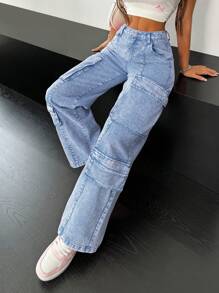SHEIN PETITE Jeans anchos y amplios de algodón para mujer, con diseño sexy, pantalones cargo para mujer, pantalones color rosa intenso, pantalones para homecoming, jeans anchos, jeans anchos para mujer, jeans de tiro bajo