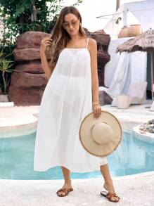 SHEIN Maternity Beach Cover Up Dress - Solid Color Chiffon Dress With Spaghetti Straps Summer - White - View 5