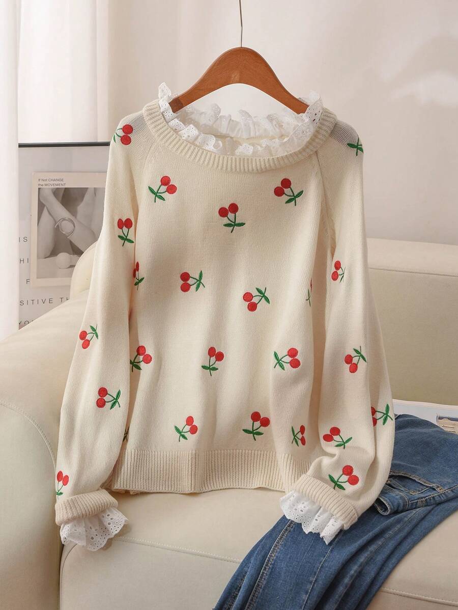 Shein Cosyjoi Plus Size Cherry Blossom Embroidery Lace Trim Pullover Shein Cosyjoi Plus Size Cherry Blossom Embroidery Lace Trim Pullover