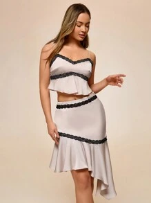 Glamine Jupe casual en dentelle et patchwork pour femmes, convenant pour le port quotidien, Noël, vacances et la mode d'hiver - Rose pâle - Voir 4