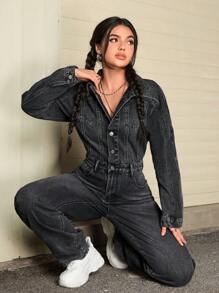 SHEIN EZwear 1 件女式纯色前扣口袋休闲长袖牛仔连体裤 - 黑色 - 查看 3