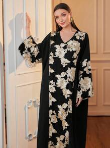 Al Najma 1 pieza Vestido elegante de manga larga estilo tunicJalabiya para mujer, con bordado de encaje elegante y modesto, para uso casual diario
