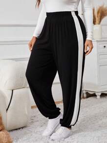 SHEIN VCAY 大码纯色拼接高腰简约休闲运动裤，日常穿着 - 黑色 - 查看 1