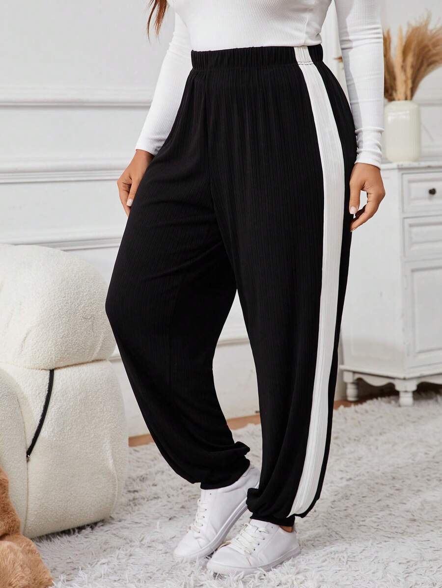 SHEIN VCAY 大码纯色拼接高腰简约休闲运动裤，日常穿着 - 黑色 - 查看 1