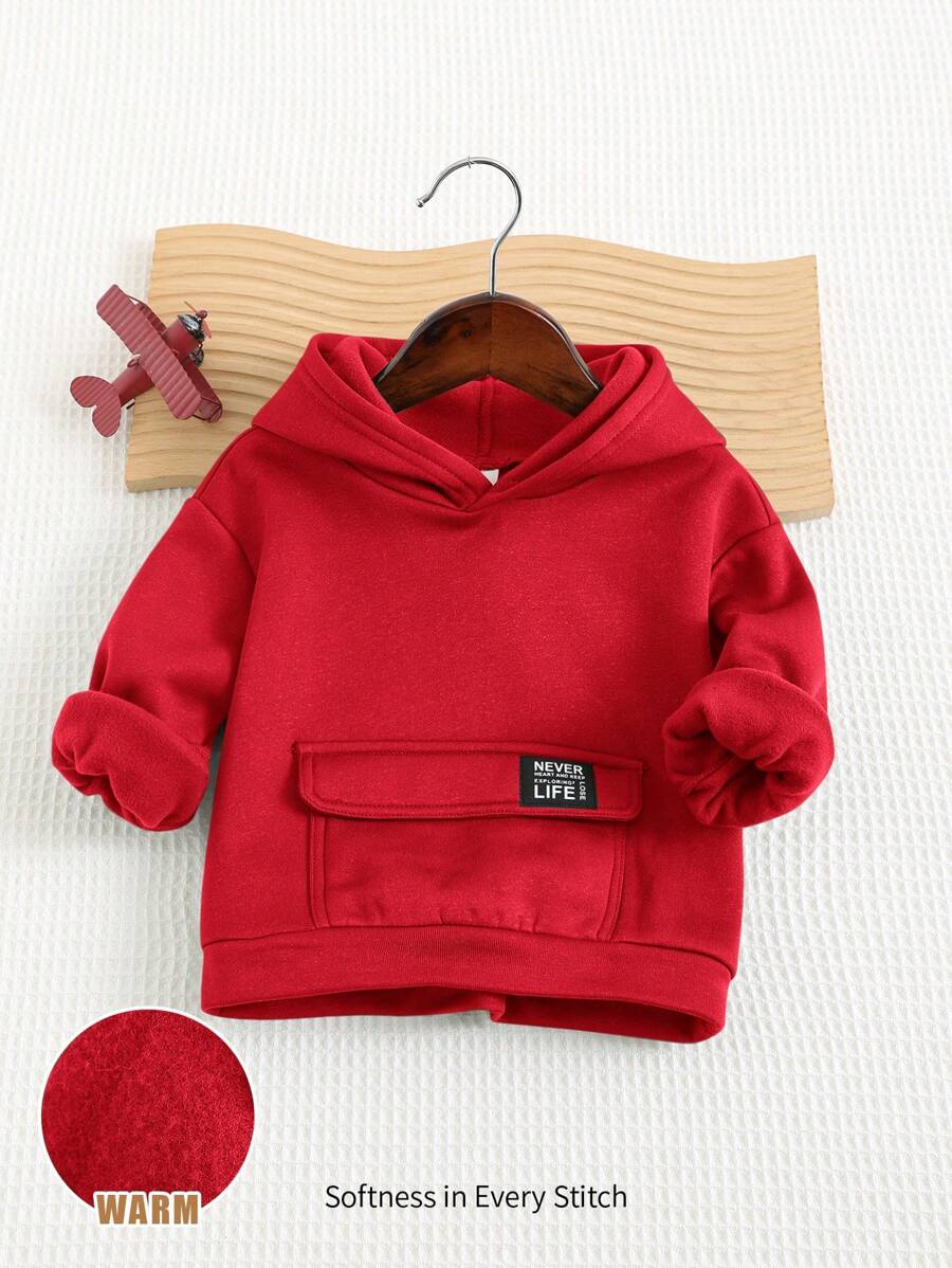 Cozy Pixies 秋冬季男宝宝休闲连帽长袖套头衫，带前口袋和保暖衬里 - 紅色 - 查看 1