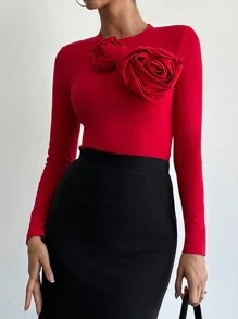 Firerie 2pcs/Set Women Solid Round Neck Long Sleeve Top With Floral Decor And Pencil Skirt