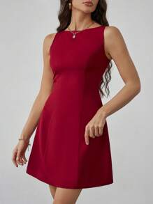 SHEIN Tall Vestido corto de vuelo elegante y de unicolor sin mangas para mujer, vestidos de graduación cortos, vestidos de mujeres para otoño en rojo y burdeos, ropa de mujer de negocios casuales y vestidos de longitud a la rodilla, atuendos de mujer para Navidad - Rojo - Ver 4