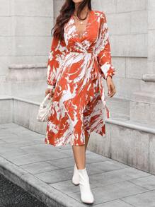SHEIN Clasi Vestido casual de manga larga con estampado y cinturón anudado para mujer, para uso diario