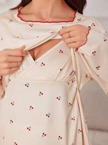 Maternity 2pcs Cherry Print Nursing Design Pajamas Set With Contrasting Lettuce Trim , Cozy And Elegant Details, Clothes, Fall & Winter