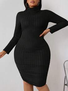 SHEIN PETITE CURVE 大码纯色高领长袖简约休闲短裙 - 黑色 - 查看 3