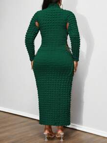 Maweii Plus Size Women Long Sleeve Bodycon Dress, High Collar With Drawstring Hollow Out Ruched Midi Dress Maxi Women Outfit - Dark Green - View 3