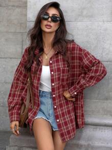 INAWLY 女士休闲宽松格子长袖衬衫，秋季 - 紅色 - 查看 7