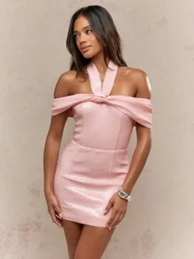 MISSGUIDED Halter Neck Mini Dress With Bow Detail Sequin Party Dress Off Shoulder Design Bodycon Fit Evening Wedding Guest Prom Special Occasion Glamorous - Pink - View 1