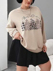 SHEIN CURVE+ Plus Size Women Casual Leopard Print Christmas Tree & Slogan Graphic Loose Crew Neck Long Sleeve Sweatshirt, Suitable For Christmas, Fall And Winter