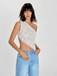 SHEIN EZwear Blusa de mujer de unicolor sin mangas con hombros de encaje y bajo asimétrico ajustada