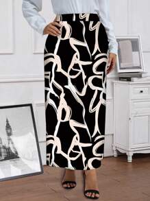 EMERY ROSE Plus Size Vrouwen Elegante All-Over Bedrukte Rechte Lange Rok, Winter Dameskleding