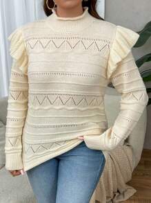 SHEIN Clasi 大码荷叶边领套头毛衣 - 杏色 - 查看 5