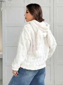 Comfortcana 1 件女式毛茸茸纯色连帽长袖运动衫，秋冬款 - 白色 - 查看 9