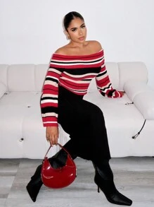Zolique Women's Contrast Color Stripe Knitted Sweater With Flared Sleeves And Off Shoulder Neckline, Suitable For Autumn/Winter Fall - Multicolor - View 3