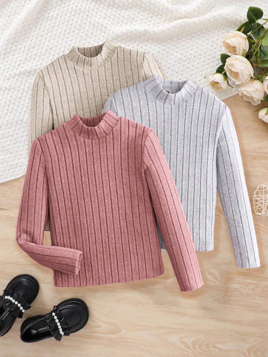 SHEIN Leap Crew 青少年女孩抓毛条纹休闲罗纹针织立领长袖修身 T 恤多件套