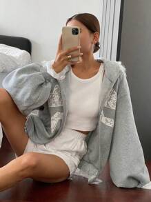 DAZY 女士蝴蝶结蕾丝印花宽松毛绒连帽卫衣，秋冬季保暖拉链外套 - 灰色 - 查看 7