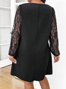 SHEIN Frenchy Plus Size Solid V-Neck Lace Trim Elegant Long Sleeve Dress,Graduation Dress
