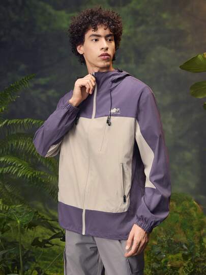 In My Nature Men's Contrast Color Zipper Collar Drawstring Hooded Casual Jacket For Outdoor