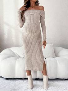 SHEIN Vestido casual de manga larga con hombros descubiertos y abertura para embarazadas