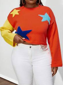 Maweii Plus Black Crew Neck Long Sleeve Contrast Color Star Pattern Cropped Sweater, Autumn/Winter Knit Pullover Fall - Orange - View 2